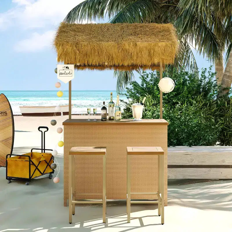 Set da bar 3 pezzi per patio, tavolo e sgabelli da esterno altezza bar con tettuccio, piedini regolabili, piano in legno per mangiare e bere, naturale -ModernLuxe