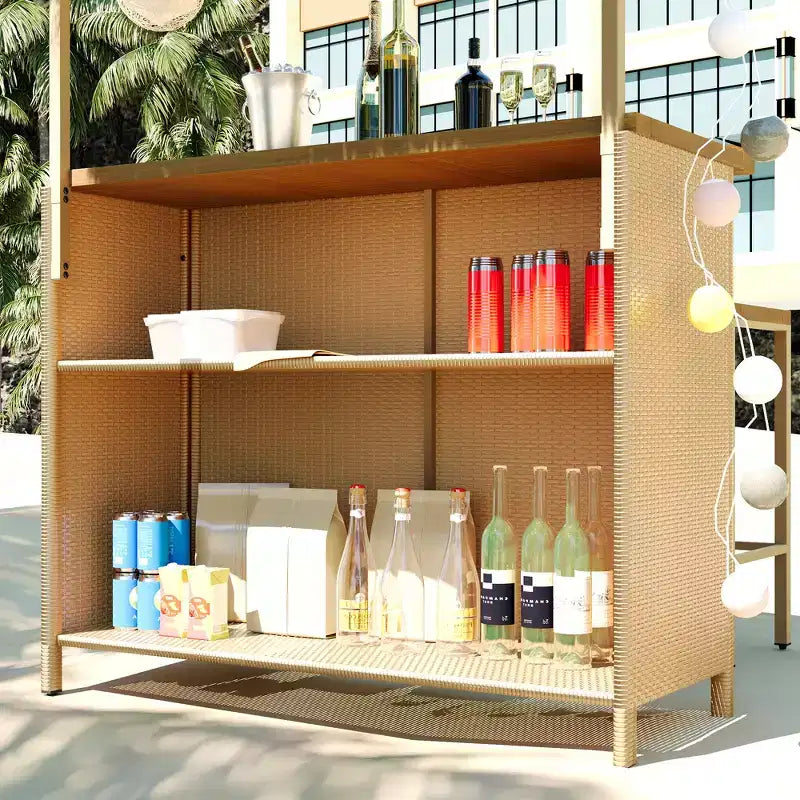 Set da bar 3 pezzi per patio, tavolo e sgabelli da esterno altezza bar con tettuccio, piedini regolabili, piano in legno per mangiare e bere, naturale -ModernLuxe