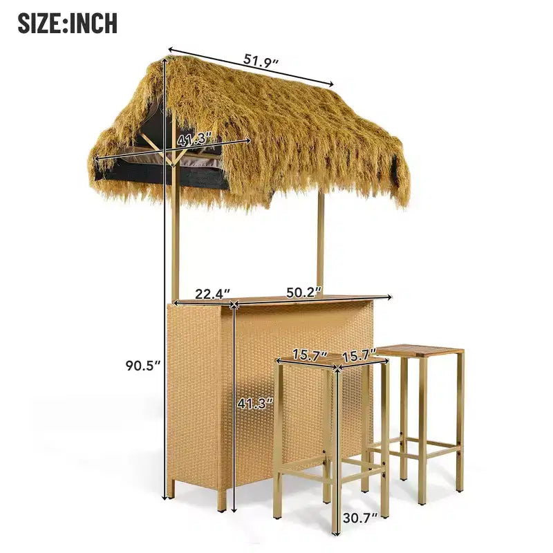 Set da bar 3 pezzi per patio, tavolo e sgabelli da esterno altezza bar con tettuccio, piedini regolabili, piano in legno per mangiare e bere, naturale -ModernLuxe
