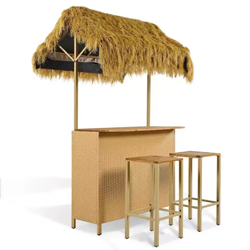 Set da bar 3 pezzi per patio, tavolo e sgabelli da esterno altezza bar con tettuccio, piedini regolabili, piano in legno per mangiare e bere, naturale -ModernLuxe
