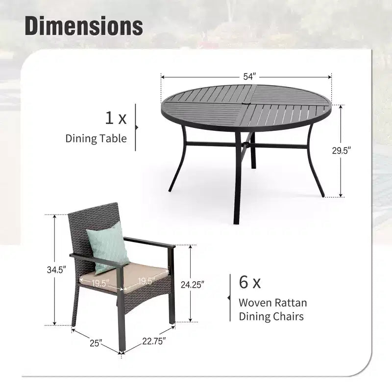 Captiva Designs Tavolo da pranzo in acciaio nero per patio esterno da 7 pezzi con foro per ombrellone e sedie in rattan con braccioli imbottiti