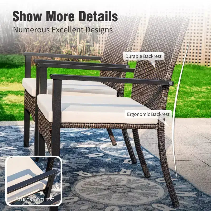 Captiva Designs Tavolo da pranzo in acciaio nero per patio esterno da 7 pezzi con foro per ombrellone e sedie in rattan con braccioli imbottiti