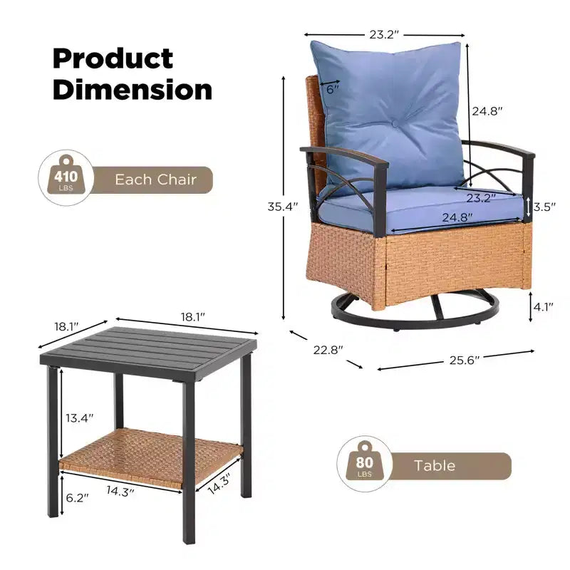 EROMMY Set da 3 Pezzi con Poltrone Girevoli a Dondolo in Rattan per Patio, Sedie Girevoli a Dondolo da Esterno con 1 Tavolino da Caffè in Rattan, Perfetto per Portico, Giardino e Prato
