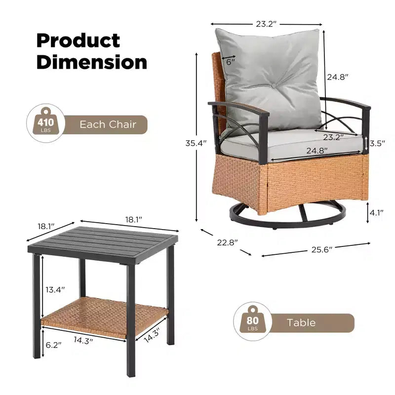EROMMY Set da 3 Pezzi con Poltrone Girevoli a Dondolo in Rattan per Patio, Sedie Girevoli a Dondolo da Esterno con 1 Tavolino da Caffè in Rattan, Perfetto per Portico, Giardino e Prato