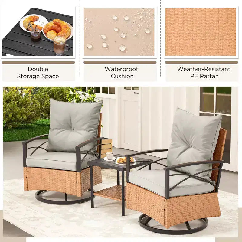 EROMMY Set da 3 Pezzi con Poltrone Girevoli a Dondolo in Rattan per Patio, Sedie Girevoli a Dondolo da Esterno con 1 Tavolino da Caffè in Rattan, Perfetto per Portico, Giardino e Prato