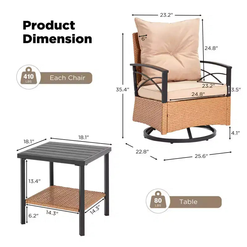 EROMMY Set da 3 Pezzi con Poltrone Girevoli a Dondolo in Rattan per Patio, Sedie Girevoli a Dondolo da Esterno con 1 Tavolino da Caffè in Rattan, Perfetto per Portico, Giardino e Prato