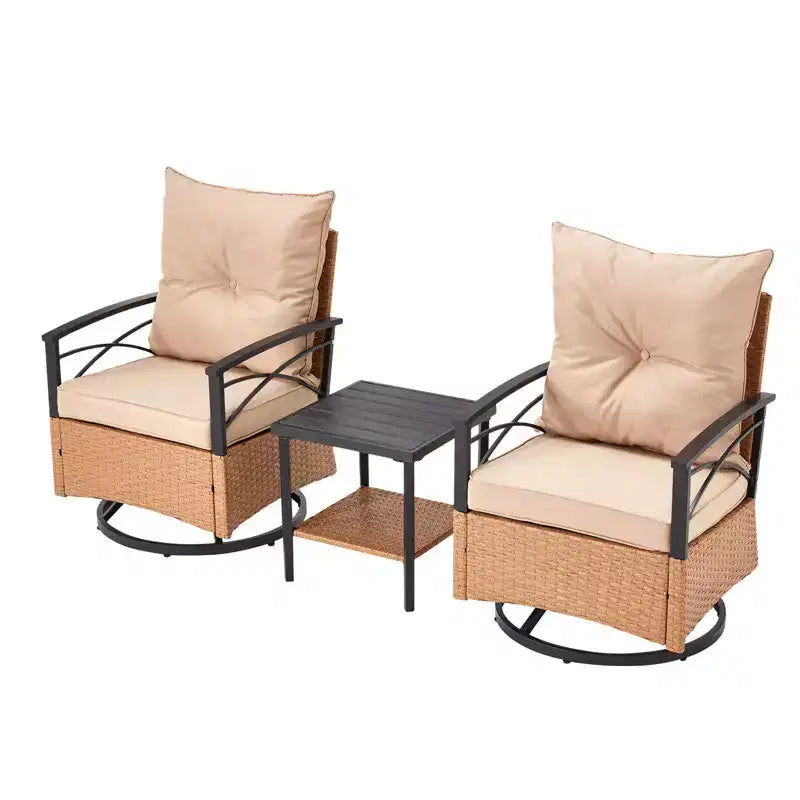 EROMMY Set da 3 Pezzi con Poltrone Girevoli a Dondolo in Rattan per Patio, Sedie Girevoli a Dondolo da Esterno con 1 Tavolino da Caffè in Rattan, Perfetto per Portico, Giardino e Prato