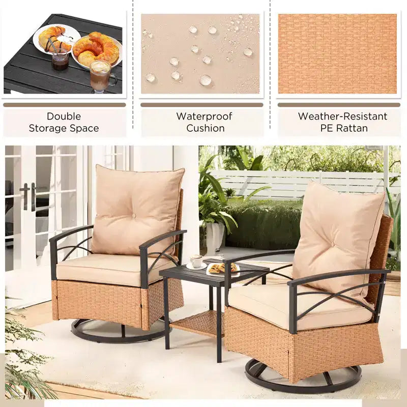 EROMMY Set da 3 Pezzi con Poltrone Girevoli a Dondolo in Rattan per Patio, Sedie Girevoli a Dondolo da Esterno con 1 Tavolino da Caffè in Rattan, Perfetto per Portico, Giardino e Prato