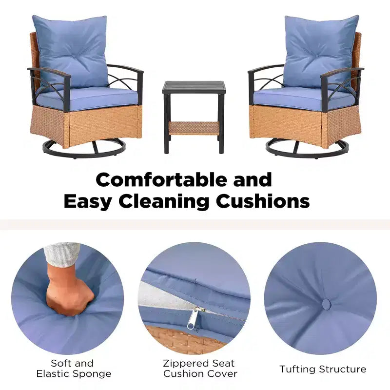 EROMMY Set da 3 Pezzi con Poltrone Girevoli a Dondolo in Rattan per Patio, Sedie Girevoli a Dondolo da Esterno con 1 Tavolino da Caffè in Rattan, Perfetto per Portico, Giardino e Prato