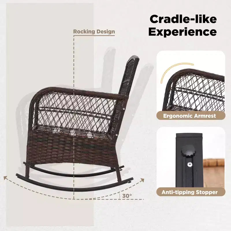 EROMMY Set da 3 Pezzi con Poltrone Girevoli a Dondolo in Rattan per Patio, Sedie Girevoli a Dondolo da Esterno con 1 Tavolino da Caffè in Rattan, Perfetto per Portico, Giardino e Prato