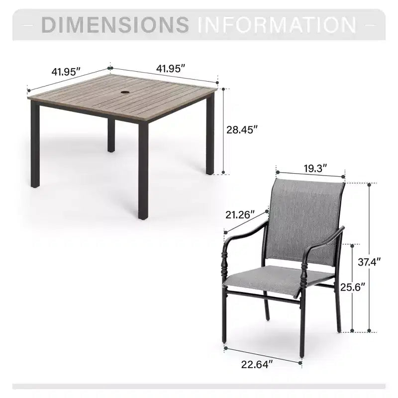 Captiva Designs Set da pranzo da 5 pezzi per patio con tavolo in acciaio con foro per ombrellone e sedie con braccioli in textilene grigio