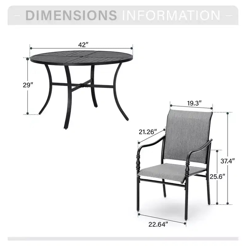 Captiva Designs Set da pranzo da 5 pezzi per patio con tavolo in acciaio con foro per ombrellone e sedie con braccioli in textilene grigio