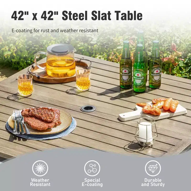 Captiva Designs Set da pranzo da 5 pezzi per patio con tavolo in acciaio con foro per ombrellone e sedie con braccioli in textilene grigio