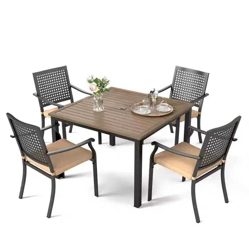 Captiva Designs 5pc Patio Dining Steel Set with Wood-like Square Table & Metal Chairs with Cushion
