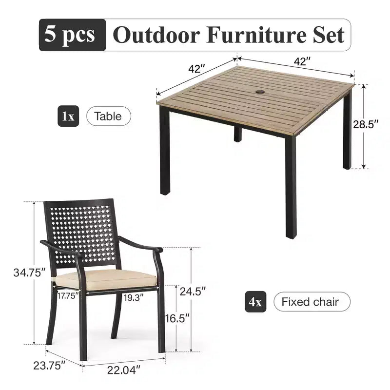 Captiva Designs Set da pranzo da 5 pezzi per esterni in acciaio con tavolo quadrato effetto legno e sedie in metallo con cuscino