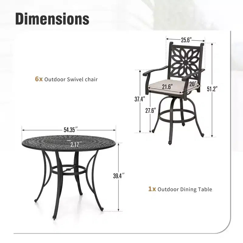 Captiva Designs Set da pranzo da 7 pezzi da bar per esterni in alluminio pressofuso con tavolo rotondo e sgabelli girevoli