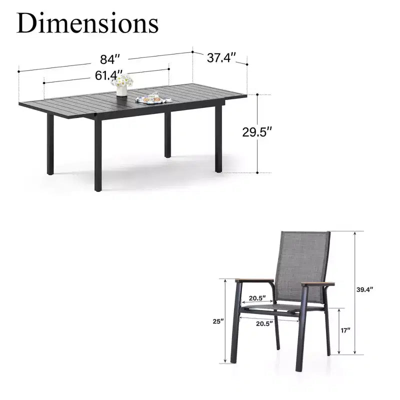 Captiva Designs Tavolo rettangolare 7 pezzi con piano a doghe regolabile e sedie in alluminio textilene grigio