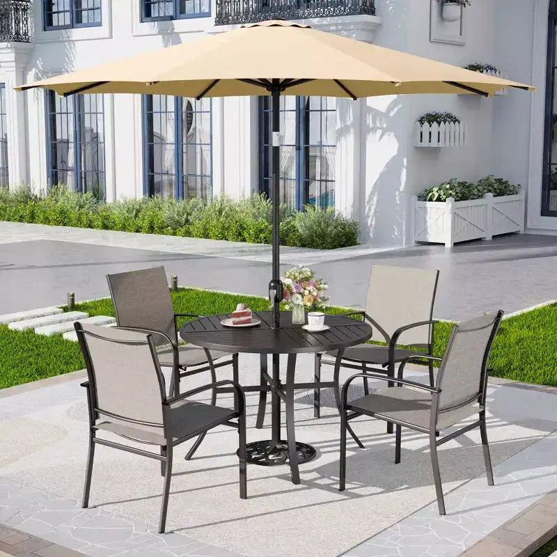 Captiva Designs 6pc Patio Dining Set Steel Table & Sling Fixed Chairs & Market Umbrella
