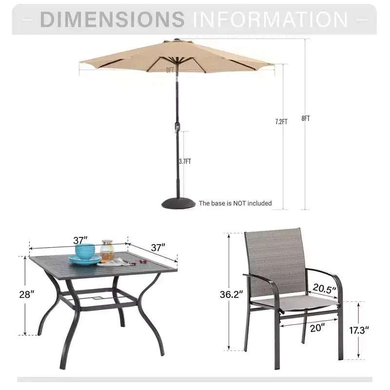 Captiva Designs Set da pranzo da 6 pezzi per patio, tavolo in acciaio, sedie fisse in tessuto a rete e ombrellone da mercato
