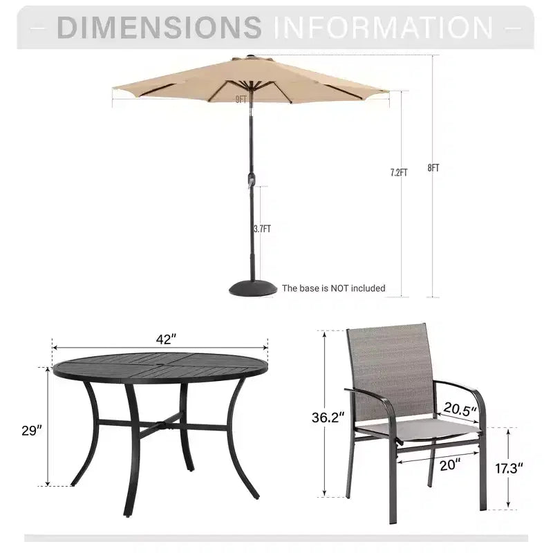 Captiva Designs Set da pranzo da 6 pezzi per patio, tavolo in acciaio, sedie fisse in tessuto a rete e ombrellone da mercato