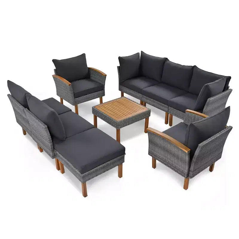 Whisen Set di Mobili da Giardino a 9 Pezzi in Rattan Resistente alle Intemperie e Divano Sezionale da Esterno con Tavolino da Caffè e Cuscini - Grigio