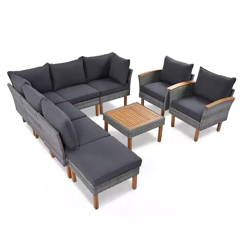Whisen Set di Mobili da Giardino a 9 Pezzi in Rattan Resistente alle Intemperie e Divano Sezionale da Esterno con Tavolino da Caffè e Cuscini - Grigio