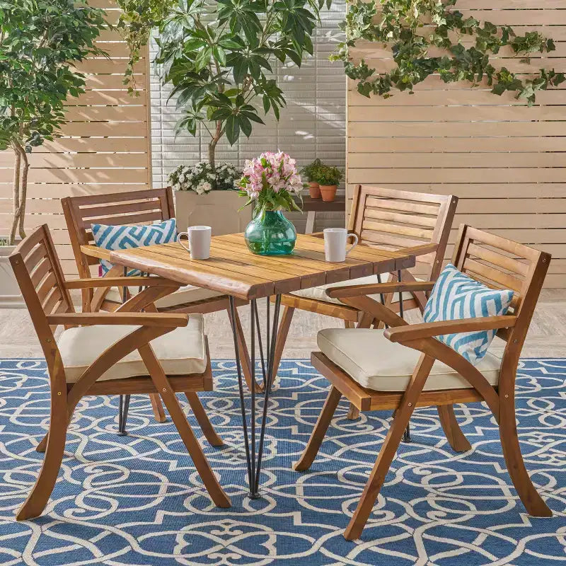 Christopher Knight Home Blaine Outdoor Acacia Wood and Iron 5 Piece Dining Set with Cushion, Teak and Cream