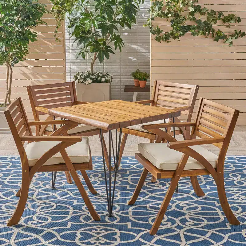 Christopher Knight Home Blaine Set da Pranzo da Esterno di 5 Pezzi in Legno di Acacia e Ferro con Cuscini, Teak e Crema