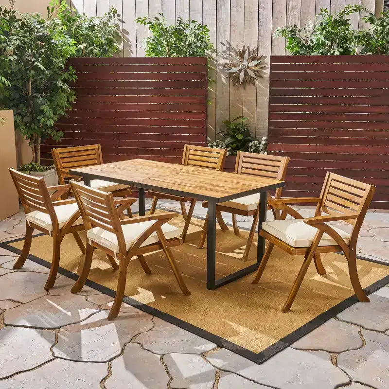 Christopher Knight Home Lovell Set da Pranzo da Esterno 7 Pezzi in Legno di Acacia e Ferro con Cuscini, Teak e Crema