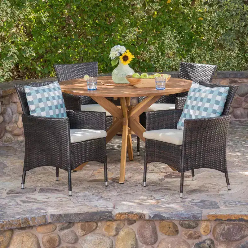 Christopher Knight Home Carroll Outdoor Wicker and Acacia Wood 5 Piece Dining Set with Cushion