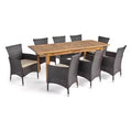 GDFStudio Aloha Outdoor Acacia Wood and Wicker 9 Piece Expandable Dining Set, Sandblasted Natural/Multibrown