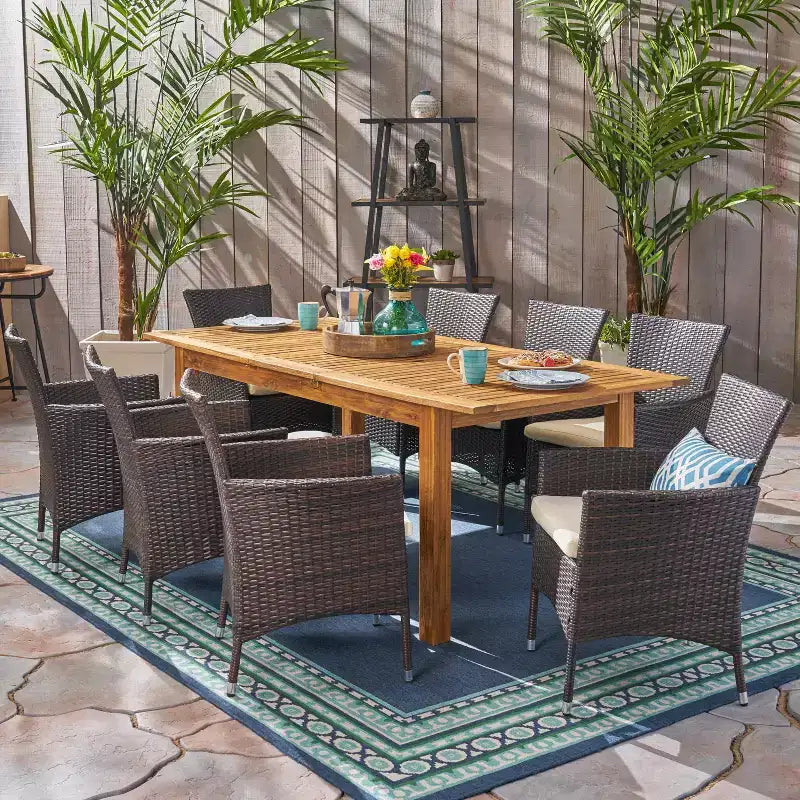 GDFStudio Aloha Set da pranzo espandibile da 9 pezzi in legno di acacia e vimini per esterni, naturale sabbiato/multimarrone
