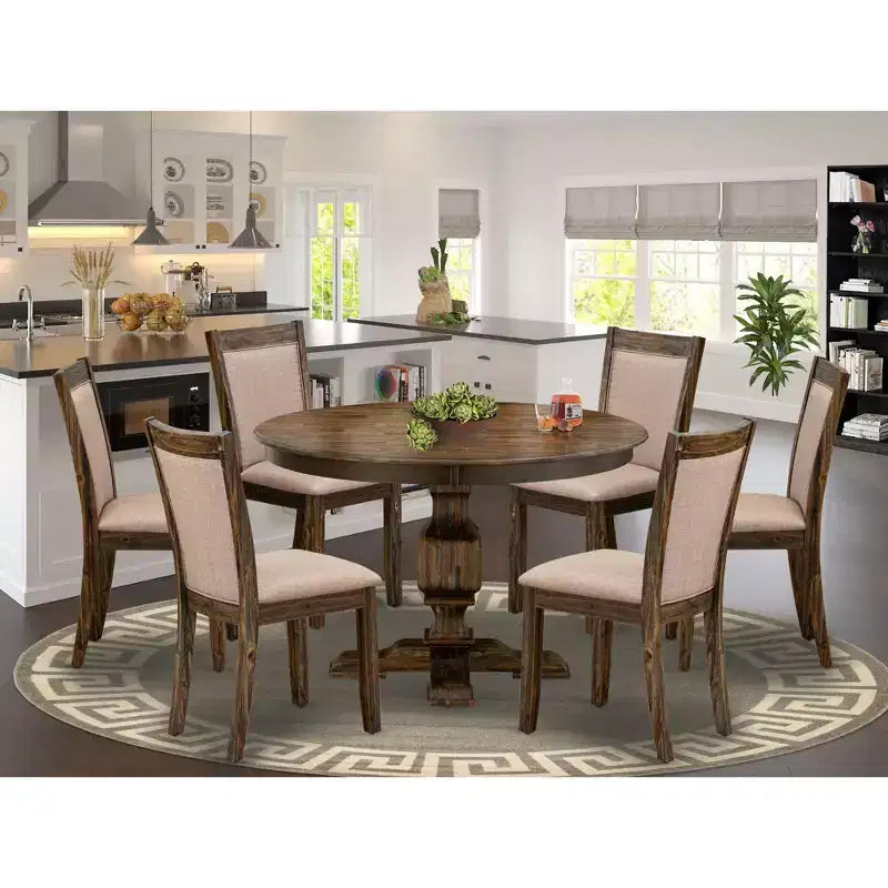 Set da Pranzo Rotondo con 6 Sedie, in Tessuto di Lino, Stile Parsons