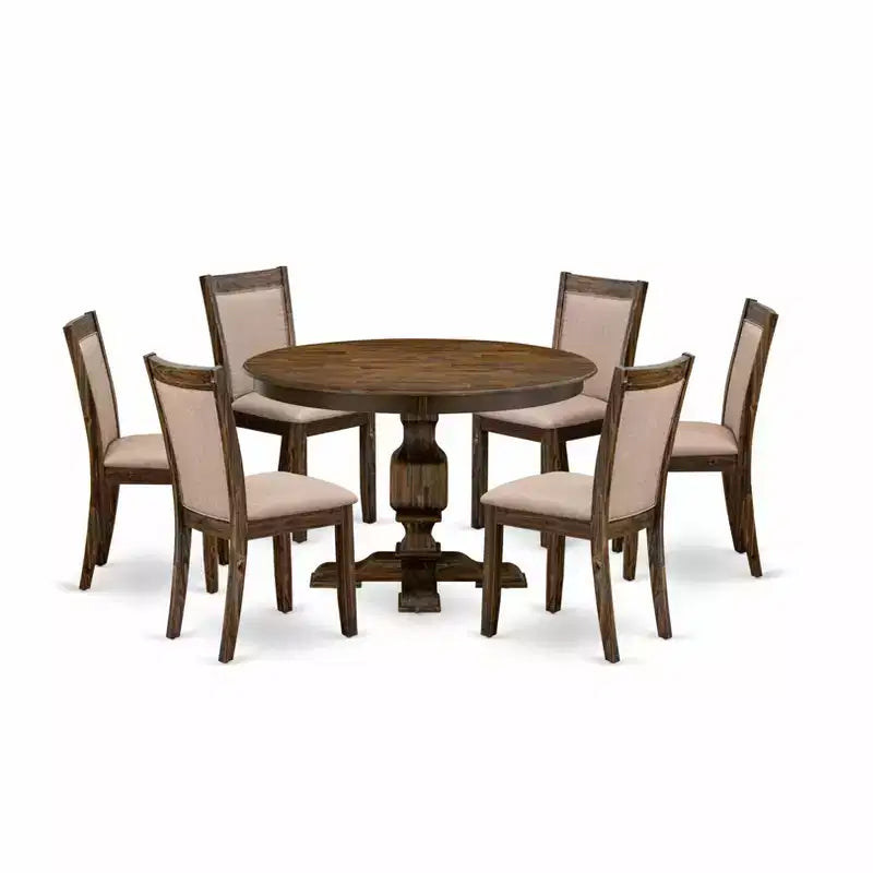 Set da Pranzo Rotondo con 6 Sedie, in Tessuto di Lino, Stile Parsons