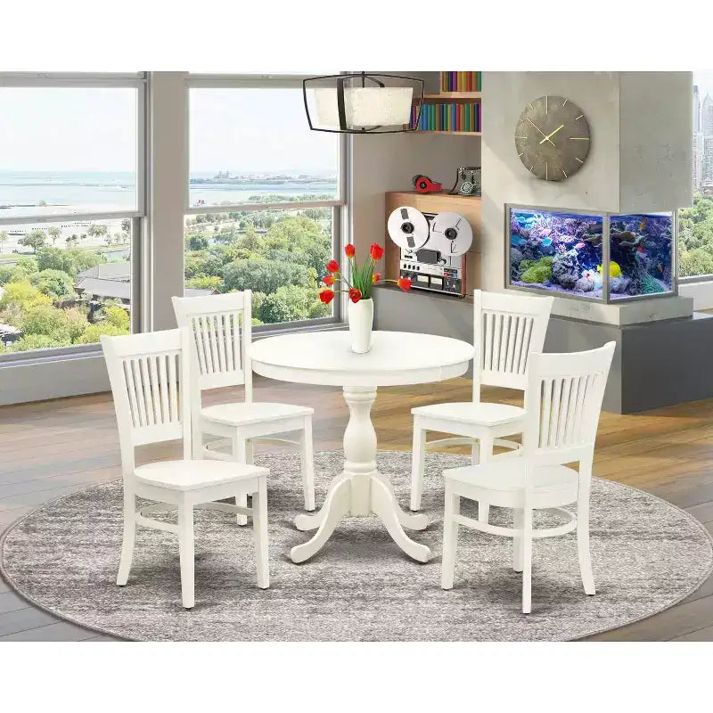 HomeStock Linen White Round Pedestal Dining Table and 4 Chair Set