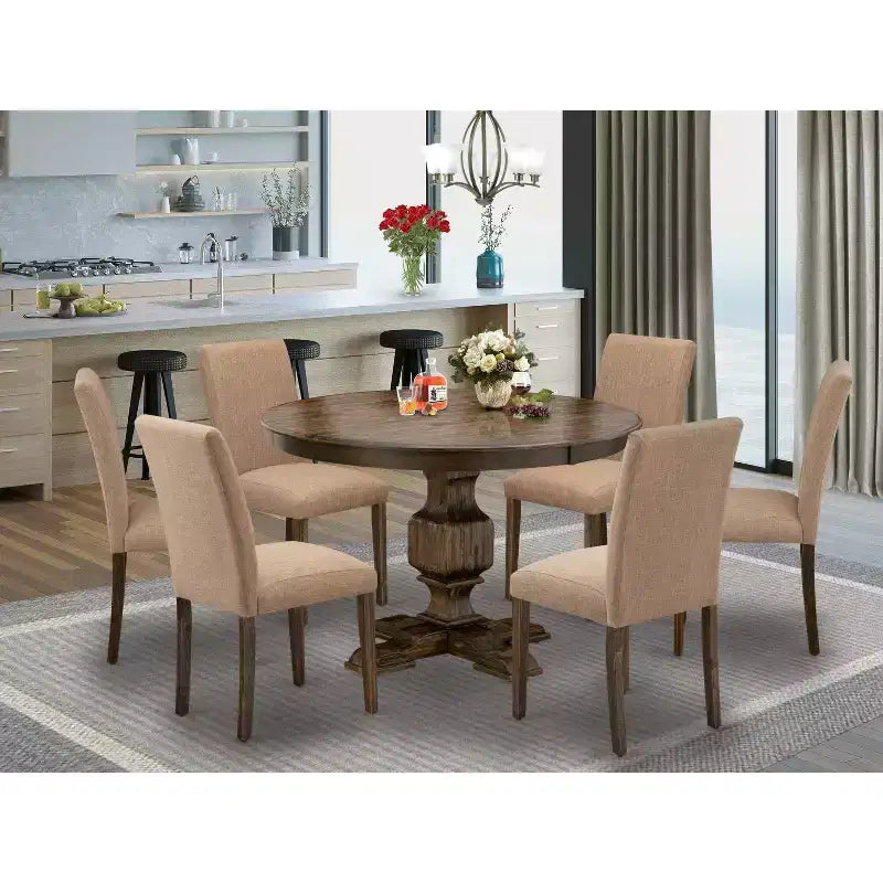 HomeStock Moderno Set da Pranzo da 7 Pezzi in Tessuto di Lino Color Zibellino Chiaro