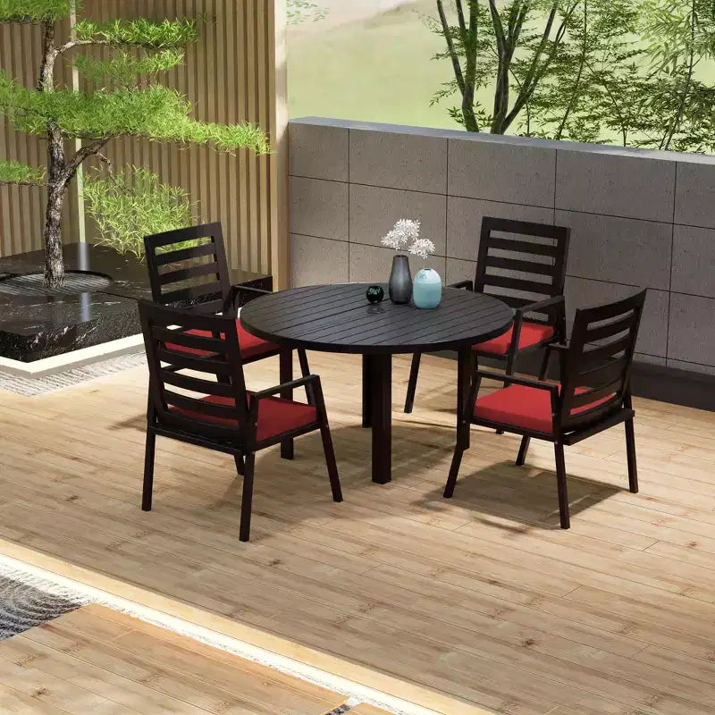 LeisureMod Chelsea Set da Pranzo da Giardino 5 Pezzi, Tavolo da Pranzo Rotondo in Alluminio da 48 pollici e 4 Sedie da Pranzo con Braccioli