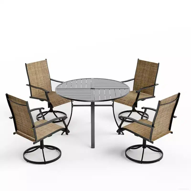 Set da pranzo da esterno EROMMY 5 pezzi, set tavolo e sedie da esterno per 4 persone, 4 sedie girevoli, 1 tavolo rotondo in ferro con foro regolabile per ombrellone