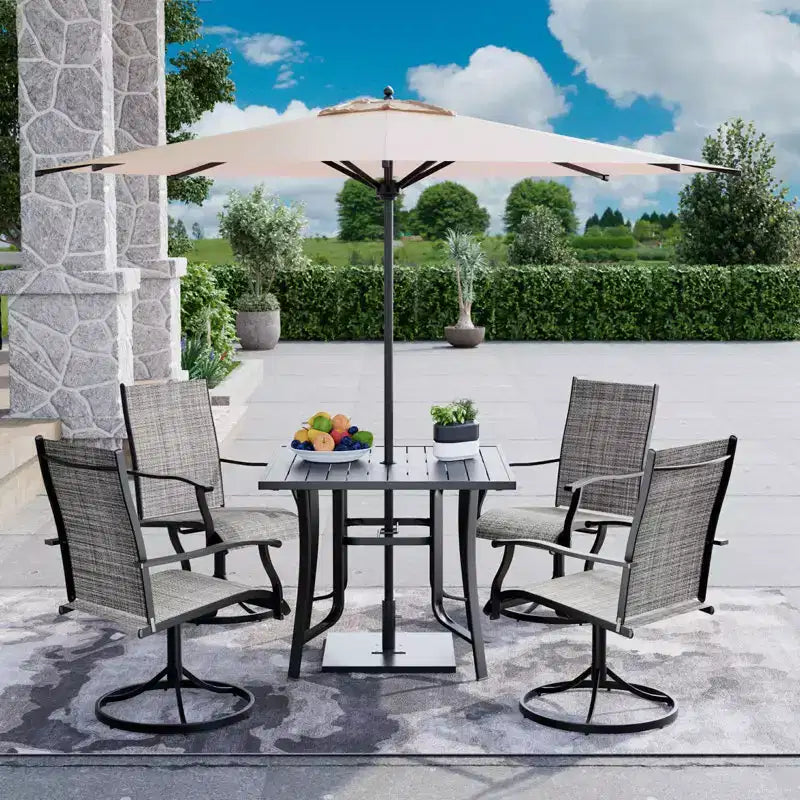 EROMMY Set da Pranzo da Esterno a 5 Pezzi, Tavolo e Sedie da Esterno per 4 Persone, 4 Sedie Girevoli, 1 Tavolo Quadrato in Ferro, Set di Mobili da Giardino per Terrazzo