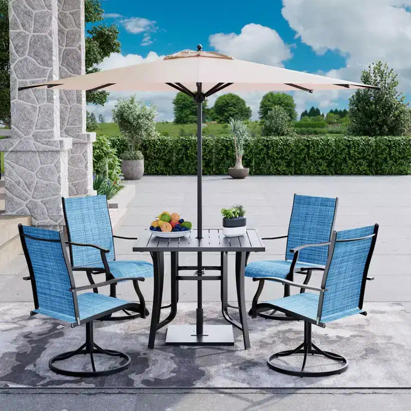 EROMMY Set da Pranzo da Esterno a 5 Pezzi, Tavolo e Sedie da Esterno per 4 Persone, 4 Sedie Girevoli, 1 Tavolo Quadrato in Ferro, Set di Mobili da Giardino per Terrazzo