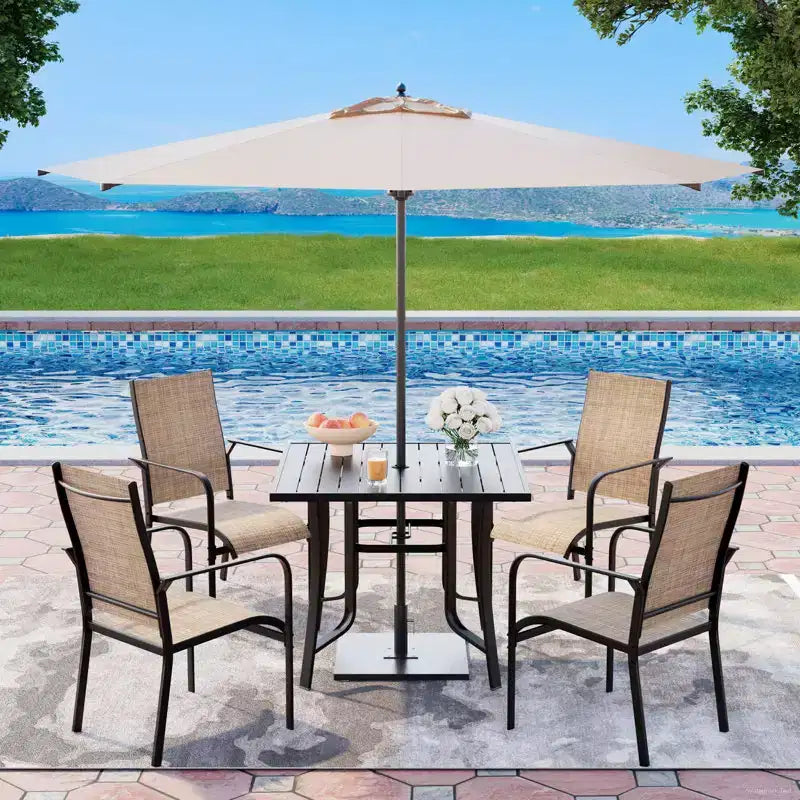 EROMMY Set da Pranzo da Giardino 5 Pezzi, Tavolo da Esterno e Sedie per 4 Persone, 4 Sedie in Textilene, 1 Tavolo Quadrato in Ferro, Set di Mobili per Esterni per Terrazzo