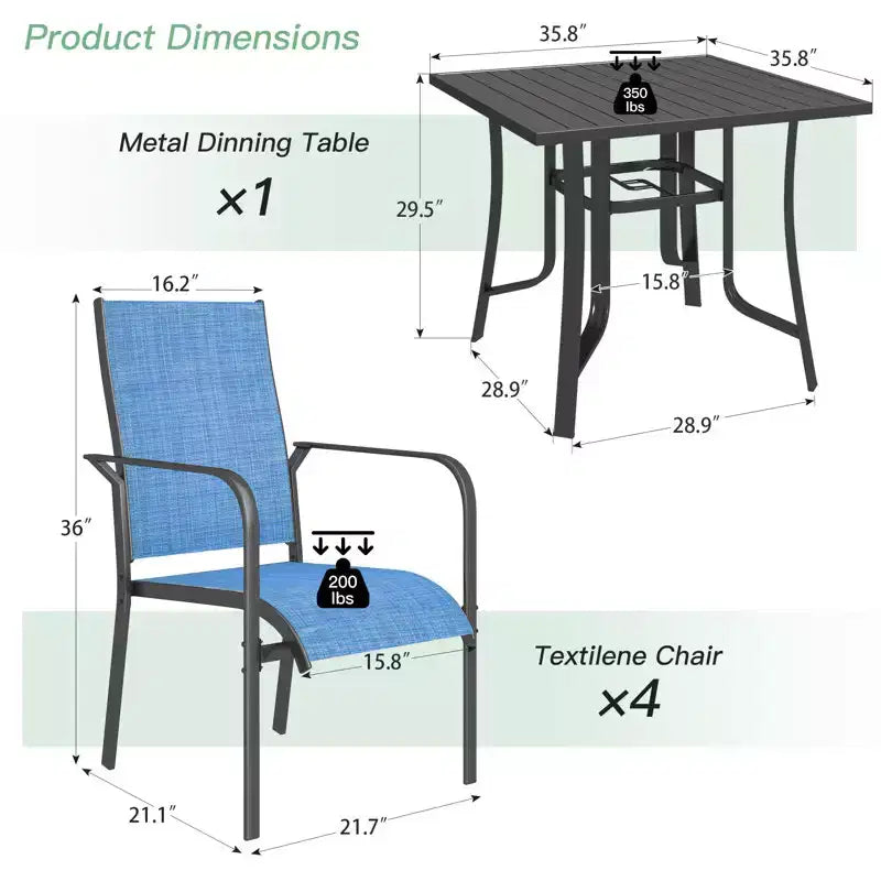 EROMMY Set da Pranzo da Giardino 5 Pezzi, Tavolo da Esterno e Sedie per 4 Persone, 4 Sedie in Textilene, 1 Tavolo Quadrato in Ferro, Set di Mobili per Esterni per Terrazzo