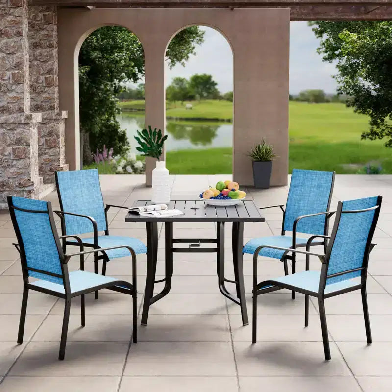 EROMMY Set da Pranzo da Giardino 5 Pezzi, Tavolo da Esterno e Sedie per 4 Persone, 4 Sedie in Textilene, 1 Tavolo Quadrato in Ferro, Set di Mobili per Esterni per Terrazzo