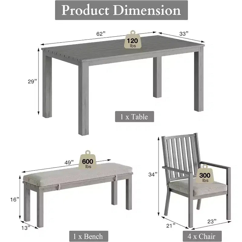 Heynemo Set da pranzo da 6 pezzi per esterni, tavolo da pranzo in alluminio con 4 sedie e panca, set di mobili da pranzo per patio con cuscini rimovibili