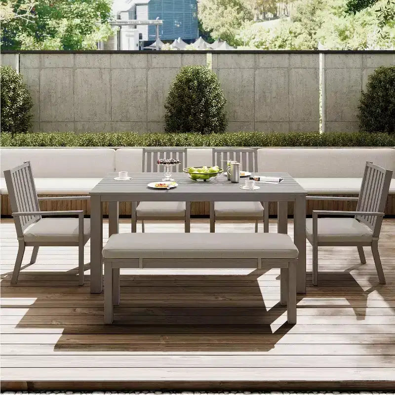 Heynemo Set da pranzo da 6 pezzi per esterni, tavolo da pranzo in alluminio con 4 sedie e panca, set di mobili da pranzo per patio con cuscini rimovibili