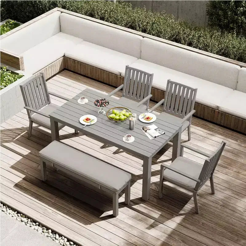 Heynemo Set da pranzo da 6 pezzi per esterni, tavolo da pranzo in alluminio con 4 sedie e panca, set di mobili da pranzo per patio con cuscini rimovibili