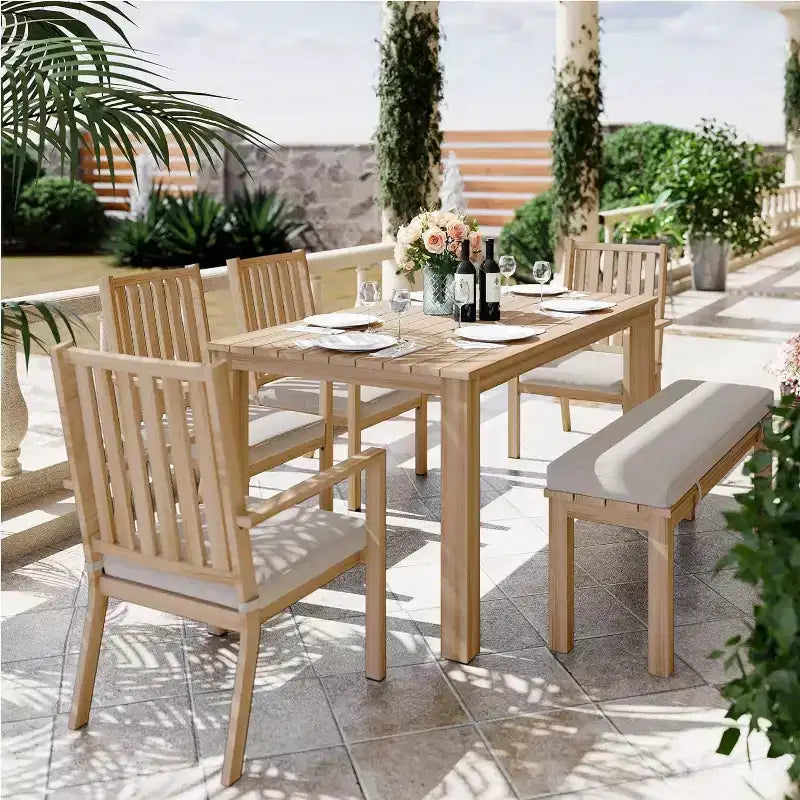 Heynemo Set da pranzo da 6 pezzi per esterni, tavolo da pranzo in alluminio con 4 sedie e panca, set di mobili da pranzo per patio con cuscini rimovibili