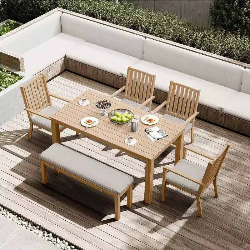 Heynemo Set da pranzo da 6 pezzi per esterni, tavolo da pranzo in alluminio con 4 sedie e panca, set di mobili da pranzo per patio con cuscini rimovibili