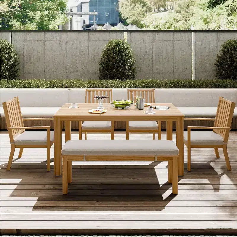 Heynemo Set da pranzo da 6 pezzi per esterni, tavolo da pranzo in alluminio con 4 sedie e panca, set di mobili da pranzo per patio con cuscini rimovibili
