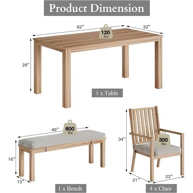 Heynemo Set da pranzo da 6 pezzi per esterni, tavolo da pranzo in alluminio con 4 sedie e panca, set di mobili da pranzo per patio con cuscini rimovibili